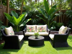 Tropical Wicker Paradise - Wide shot of dark wicker furniture with tropical print cushions on grass, surrounded by tropical plants, dappled sunlight