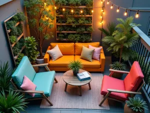 Urban Rainbow Balcony - Aerial view of a small balcony with compact, folding furniture in multiple bright colors, with vertical garden panels and string lights