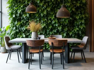 Vertical Garden Dining - Wide shot of a modern dining set against a living wall, featuring black metal chairs with wooden accents and a concrete table