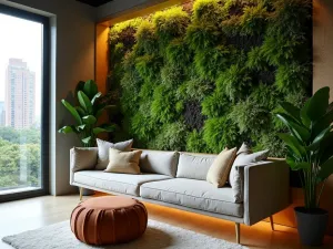 Vertical Garden Seating - Built-in bench seating against a living wall of ferns and moss, with small portable ottoman poufs, modern urban style, wide angle view