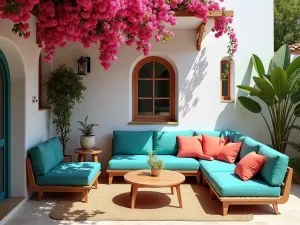 Vibrant Mediterranean Lounge Set - A cozy patio lounge area with bright turquoise and coral cushioned furniture, set against white stucco walls with cascading bougainvillea, photorealistic, afternoon lighting