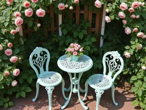 Vintage Iron Bistro - Aerial view of a romantic French-style iron bistro set in mint green, with climbing roses on a nearby trellis, vintage charm