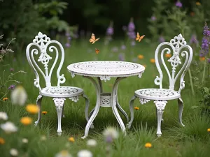 Vintage Iron Garden Seating - Ornate white iron chairs and table with vintage patina on wild meadow grass, butterfly garden setting, soft natural lighting