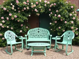 Vintage Metal Collection - An arrangement of restored vintage metal patio furniture painted in mint green, featuring a glider, chairs, and side tables, set against a backdrop of climbing roses