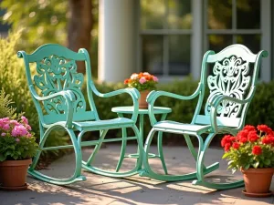 Vintage Metal Rocking Chair Setup - Close-up of vintage-style metal rocking chairs in mint green, with decorative patterns, paired with small side tables and potted geraniums on a front patio, warm morning light