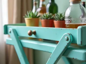 Vintage Pool Cart - Retro-styled bar cart in powder-coated turquoise metal, styled with cocktail accessories and potted succulents, close-up detail shot