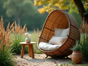 Woven Pod Retreat - Single woven pod chair with small drink table, surrounded by tall ornamental grasses and japanese maple, bohemian zen style, eye-level intimate shot