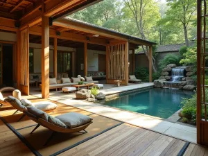 Zen Pool Garden - Low Japanese-style seating arrangements with tatami mats, beside koi pond and pool fusion, featuring bamboo privacy screens, aerial view