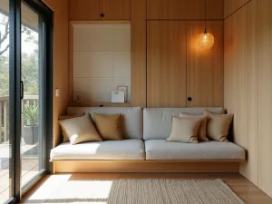 Zen Reading Nook - Modern reading corner with low-profile Japanese-inspired seating, featuring natural materials and minimal design elements