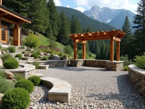 Alpine Garden Gravel Retreat - Mountain-inspired gravel patio with natural stone seating, alpine plants, and wooden pergola. Mixed-size mountain rocks and gravel create authentic feel