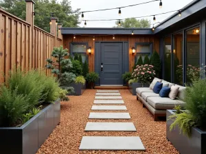 Amber Glass Industrial Patio - An industrial-style patio with amber crushed glass gravel, metal shipping container planters, string lights, and steel furniture