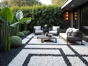 Art Deco Gravel Courtyard - Glamorous small gravel patio with geometric patterns, chrome furniture, and architectural plants. White marble chips create luxe base with black accent pebbles