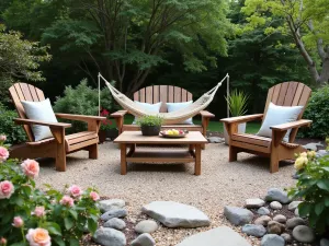 Atlantic Coastal Garden - Mixed river rock and gravel patio with weathered cedar furniture, featuring rope hammock and nautical accents. Surrounded by hardy roses and beach plum