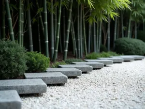 Bamboo and Granite Edge - Polished granite blocks forming a precise edge around white gravel, with black bamboo creating a dramatic backdrop, Asian garden style