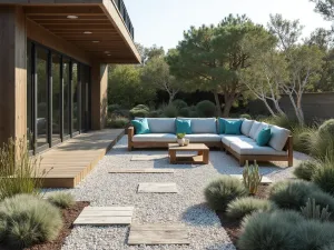 Beach House Gravel Garden - Pearl-colored gravel patio with weathered boardwalk-style pathways, surrounded by coastal juniper and ornamental grasses. Features modern gray outdoor furniture with turquoise accents