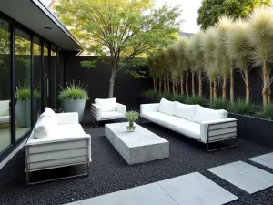 Black Basalt Modern Patio - A sophisticated patio with black basalt gravel, white modernist furniture, steel planters, and architectural ornamental grasses