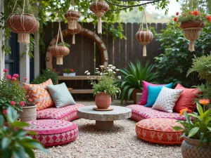 Bohemian Garden Retreat - A free-spirited bohemian pea gravel patio with colorful Moroccan poufs, hanging macramé planters, and mixed wildflowers