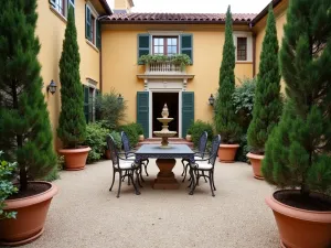 Classic Italian Gravel Courtyard - An Italian-inspired pea gravel courtyard with cypress trees in terracotta pots, a classical fountain, and wrought iron dining set