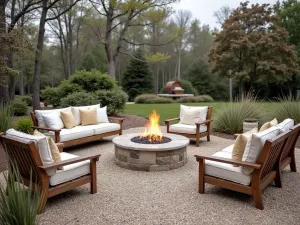 Coastal Beach Fire Pit Escape - A casual gravel patio with a stone fire pit, surrounded by weathered teak furniture and coastal grasses, with rope lighting and beach-inspired decor