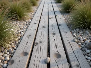 Coastal Beach Pebble Patio - Weathered wooden boardwalk-style pavers set in smooth beach pebbles, with coastal grasses and shell accents