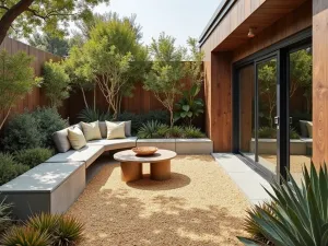 Coastal California Retreat - Golden gravel patio with modern concrete seating, surrounded by drought-resistant coastal plants and succulents. Features copper and brass accents