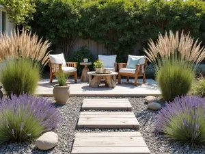 Coastal Dune-Inspired Gravel Patio - A serene coastal gravel patio with weathered wooden decking inserts, surrounded by swaying ornamental grasses, lavender, and coastal sage. Natural driftwood furniture and weathered stone planters create a relaxed beachside atmosphere