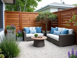 Coastal Garden Room - Light quartz gravel patio enclosed by wooden screens, featuring modern wicker furniture and coastal blue textiles. Accented with potted sea lavender and grasses