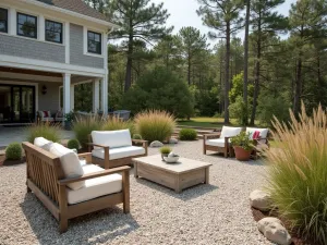 Coastal Gravel Entertainment Space - A breezy coastal-style pea gravel patio with weathered teak furniture, ornamental grasses, and shell accents, surrounded by maritime pines