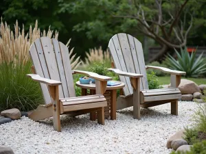 Coastal Gravel Retreat - Beach-inspired gravel patio with weathered wood deck chairs, ornamental grasses, and coastal plants, surrounded by white pebbles