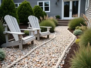 Coastal Gravel Sanctuary - Beach-inspired gravel patio with weathered wooden deck chairs, coastal pebbles, and ornamental grasses. Rope details and nautical accents with crushed shell pathway