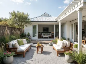 Coastal Modern Gravel Retreat - Beach-inspired modern gravel patio with weathered wooden furniture, coastal grasses, and white pergola, featuring pale grey gravel and modern planters