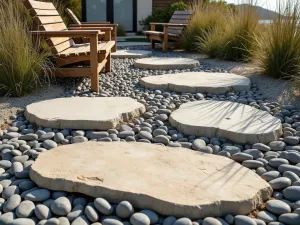 Coastal Pebble Beach Patio - Natural stone slabs surrounded by smooth beach pebbles, with coastal grasses, weathered wood furniture, and rope accents