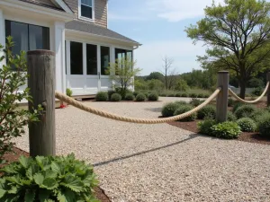 Coastal Rope and Post Edge - Nautical-inspired thick rope strung between weathered posts to edge a beach-style gravel patio, with coastal plants adding authenticity