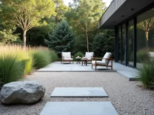 Coastal Zen Garden - Light gray gravel patio with geometric concrete pavers, featuring minimalist furniture and Japanese forest grass. Accented with large smooth beach stones