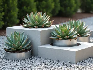 Concrete Block Modern Edge - Geometric concrete blocks creating a contemporary edge around light gray gravel, with architectural succulents in metallic planters