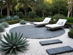 Contemporary Circular Paver Design - Circular pattern of charcoal concrete pavers surrounded by white crushed marble gravel, featuring modern loungers and sculptural succulents