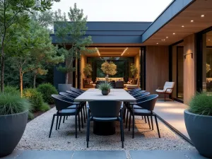 Contemporary Dining Gravel Patio - Modern outdoor dining space with slate gravel base, sleek furniture, and built-in LED lighting. Architectural plants in large concrete containers frame the space