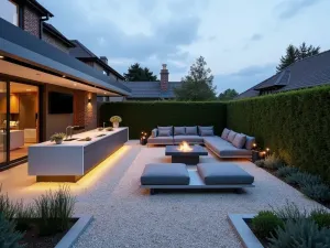 Contemporary Entertainment Gravel Space - Modern entertaining gravel patio with built-in outdoor kitchen, linear LED lighting, and modular furniture in grey tones, surrounded by structural box hedging