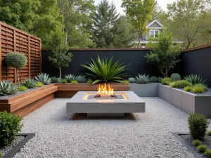 Contemporary Fire Pit Gravel Patio - A modern pea gravel patio centered around a sleek concrete fire pit, with built-in wooden benches and geometric planters containing succulents