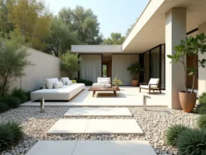 Contemporary Mediterranean Courtyard - Modern interpretation of Mediterranean patio with crushed shell gravel, contemporary water spouts, potted citrus trees, and sleek white furniture