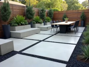 Contemporary Mixed-Material Dining Patio - Large format concrete slabs with black pea gravel infill, featuring a sleek outdoor dining set, built-in concrete benches, and architectural succulents in metal planters