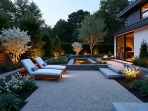 Contemporary Moonlight Garden - Modern gravel patio designed for evening enjoyment with white flowering plants, silver foliage, illuminated water feature, and contemporary loungers