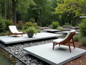 Contemporary Rain Garden Patio - Floating concrete platforms over river rock and gravel drainage garden, with modern furniture and water-loving ornamental plants