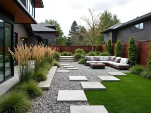 Contemporary Rain Garden - Modern sustainable gravel patio with permeable surfaces, rain garden features, ornamental grasses, and contemporary stone seating, photographed on overcast day