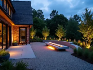 Contemporary Sunken Fire Pit Lounge - A modern sunken gravel patio with a linear fire pit, featuring built-in concrete seating and dramatic uplighting on architectural plants