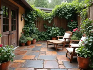 Copper Slate Rustic Patio - A rustic patio with copper-colored slate chips, vintage copper planters, climbing roses, and distressed wooden furniture