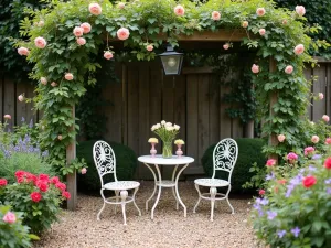 Cottage Garden Gravel Nook - An intimate gravel patio surrounded by cottage garden flowers, with vintage metal bistro set. River pebbles in warm tones create base, with climbing roses on wooden arch overhead