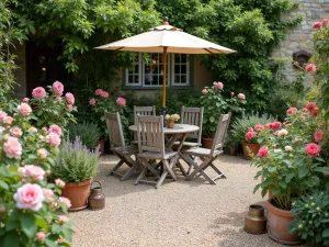 Cottage Garden Gravel Path - Romantic cottage-style gravel patio with weathered wooden furniture, surrounded by blooming English roses and foxgloves, with vintage metal watering cans