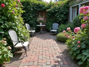 Cottage Garden Gravel Patio - Weathered brick pavers intermixed with crushed granite gravel, surrounded by overflowing cottage garden plants, vintage metal furniture, and climbing roses