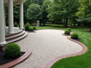 Curved Brick Edging Pattern - Elegant curved brick edging in a soldier course pattern surrounding a pearl gray gravel patio, with boxwood spheres marking key points along the border